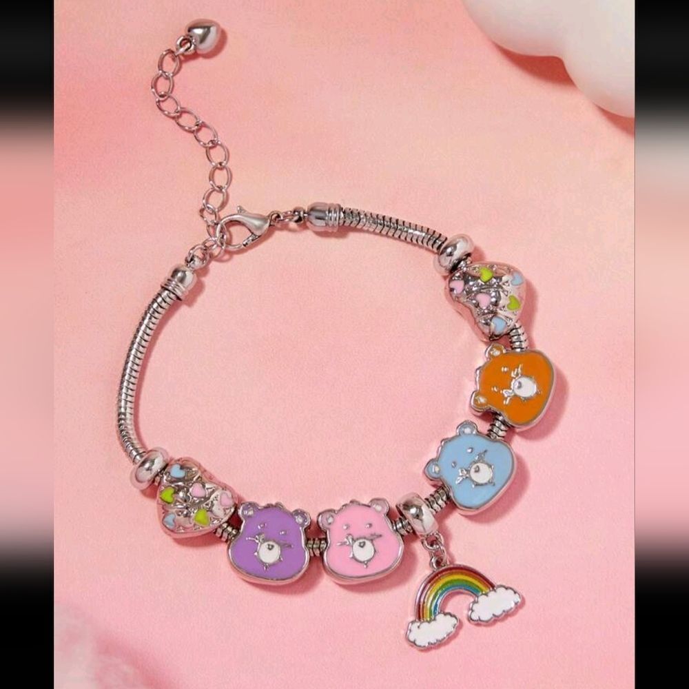 Sterling Silver Plated Care Bear Themed Loaded Charm Bracelet Adjustable Design